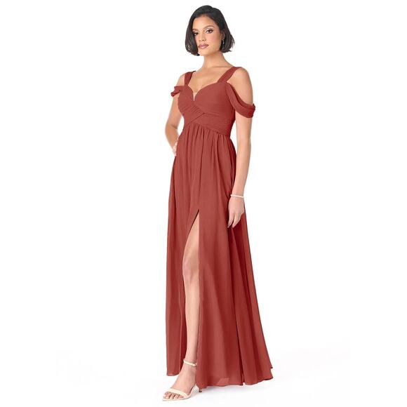 Azazie Lianne Terracotta size A10 A-Line Off the Shoulder Chiffon Dress - Picture 3 of 9